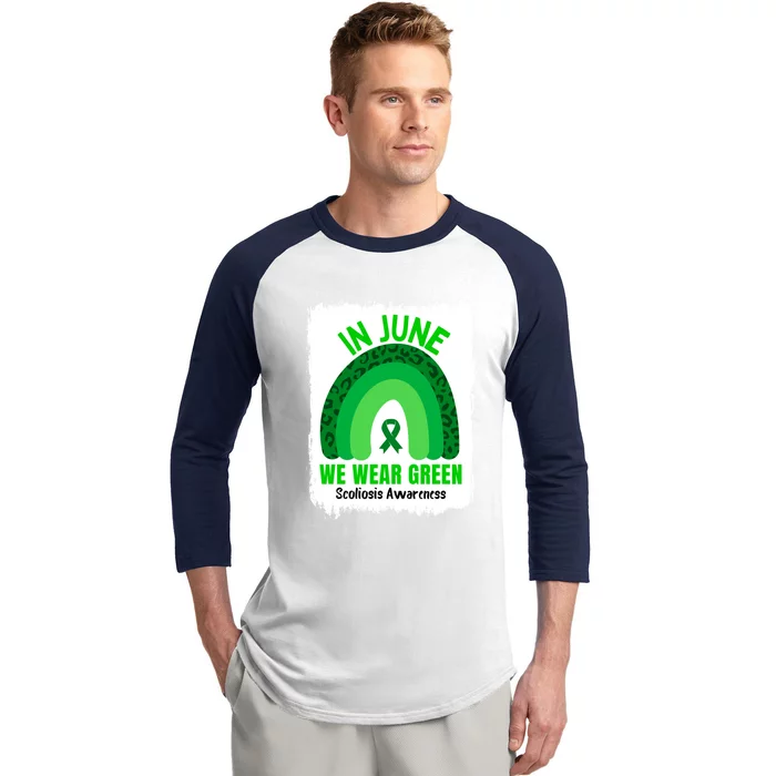 In June We Wear Green Scoliosis Awareness Leopard Rainbow Gift Baseball Sleeve Shirt