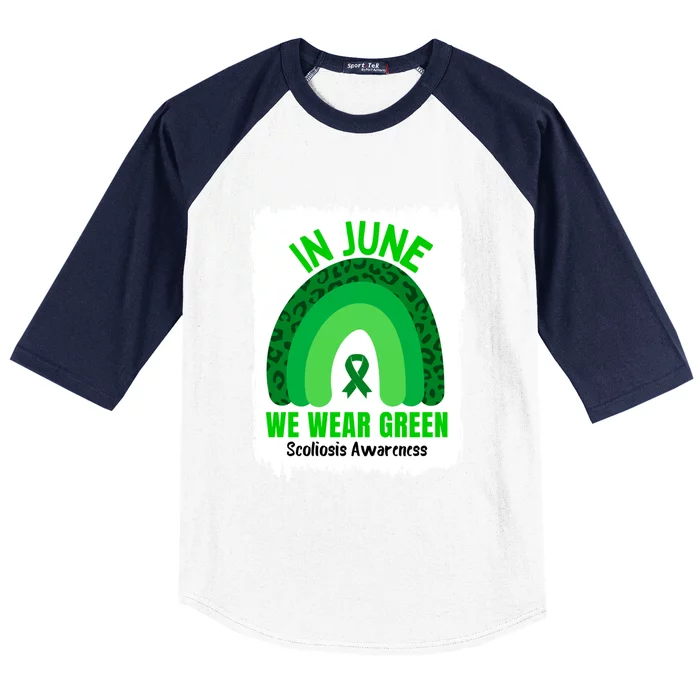 In June We Wear Green Scoliosis Awareness Leopard Rainbow Gift Baseball Sleeve Shirt