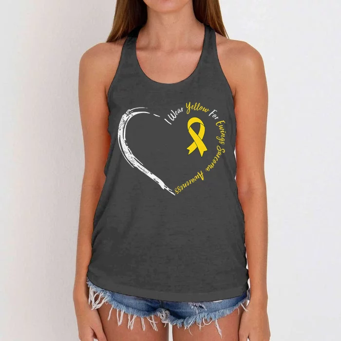 In July We Wear Yellow Ewing Sarcoma Awareness Ribbon Women's Knotted Racerback Tank