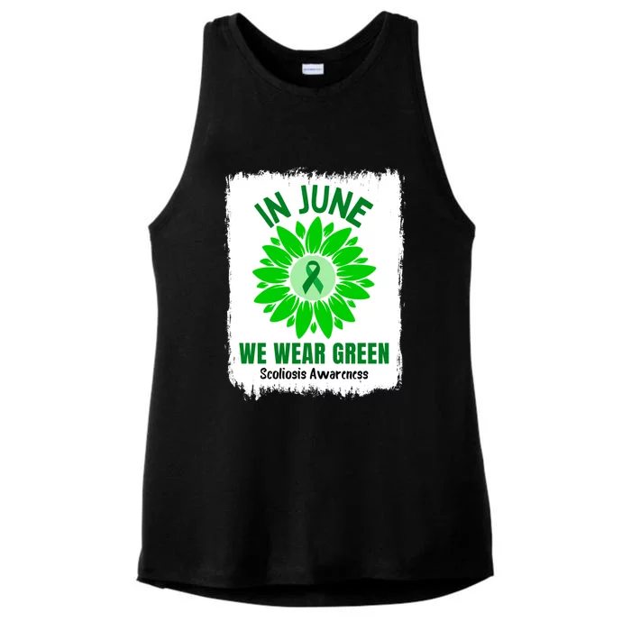 In June We Wear Green Scoliosis Awareness Ribbon Sunflower Meaningful Gift Ladies Tri-Blend Wicking Tank