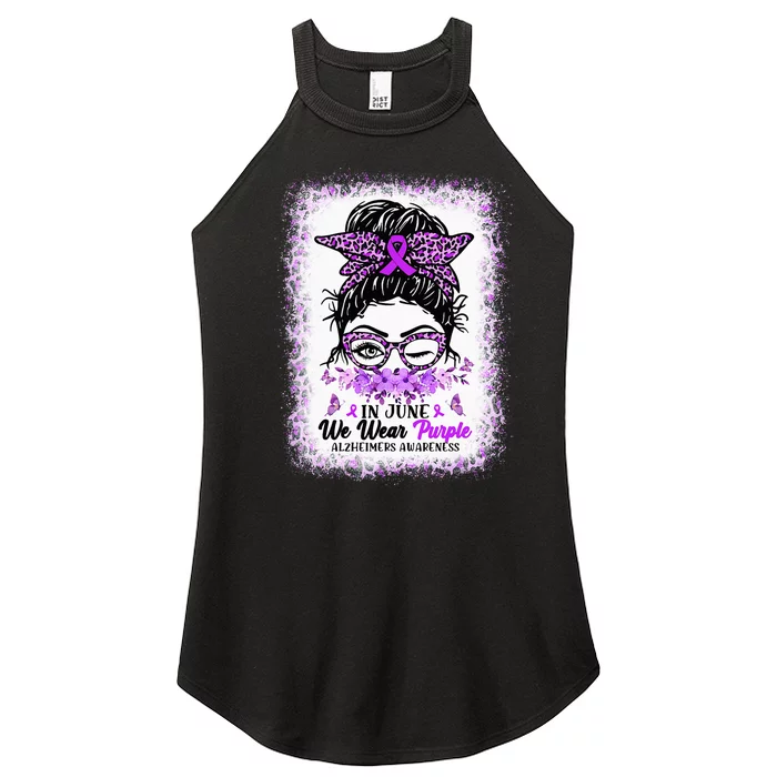 In June We Wear Purple Alzheimer Awareness Messy Bun Support Women’s Perfect Tri Rocker Tank