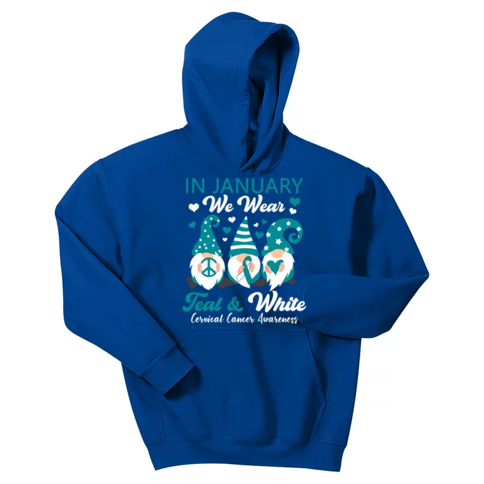 In January We Wear Teal And White Cervical Cancer Awareness Gift Kids Hoodie