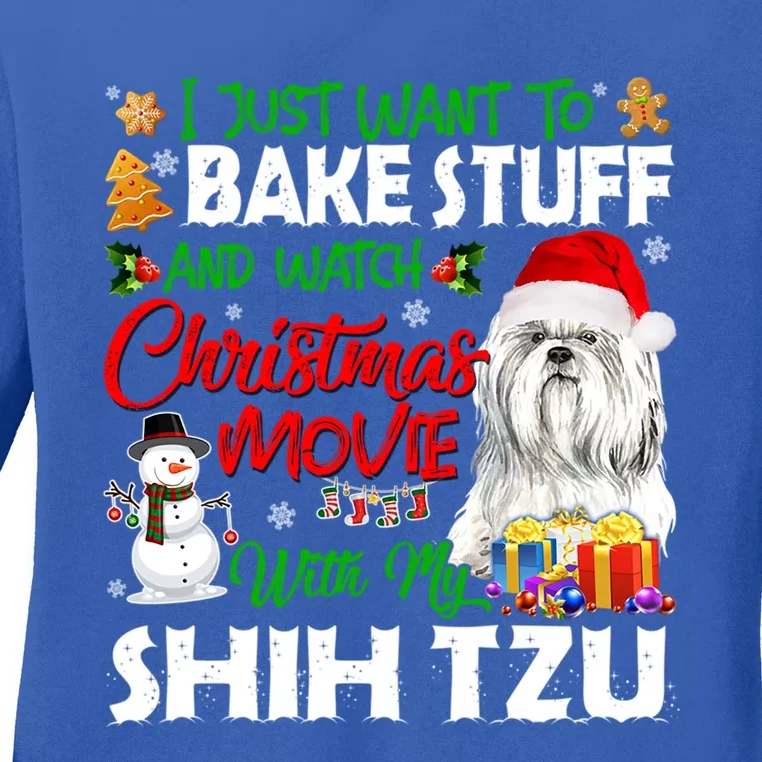 I Just Want To Bake Stuff And Christmas Movie With Shih Tzu Gift Ladies Long Sleeve Shirt