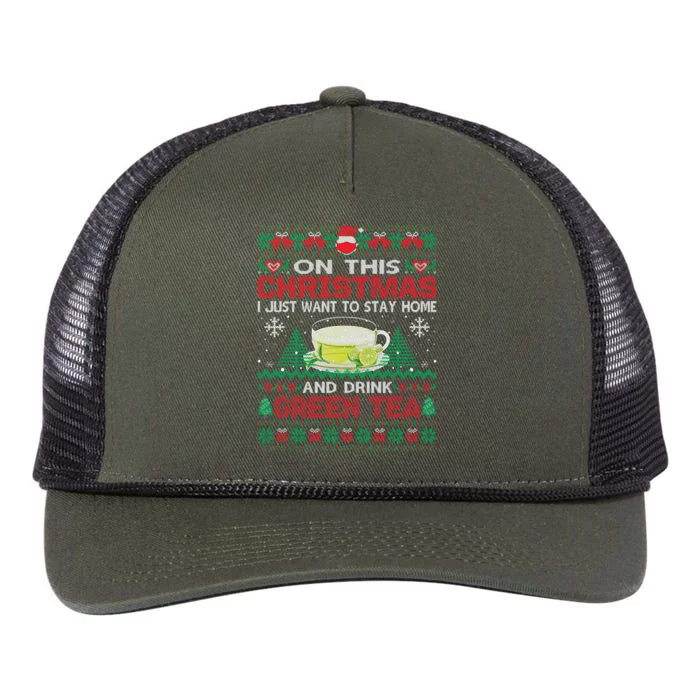 I Just Want To Stay Home And Green Tea Christmas Ugly Great Gift Retro Rope Trucker Hat Cap