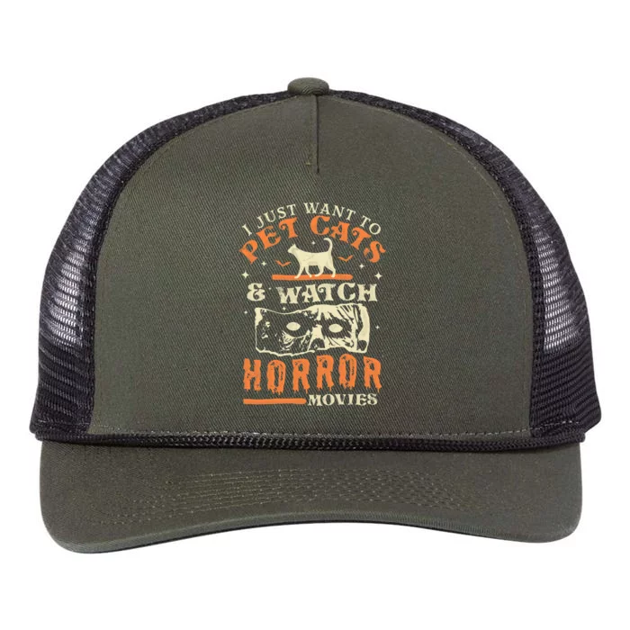 I Just Want To Pet Cats And Watch Horror Movies Cat Lover Retro Rope Trucker Hat Cap