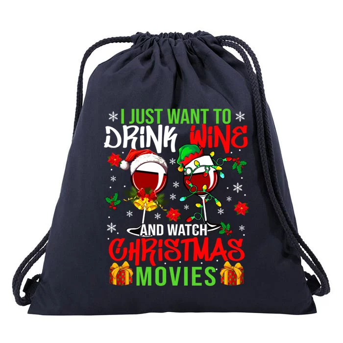 I Just Want To Wine And Watch Xmas Movies Santa Wines Funny Gift Drawstring Bag