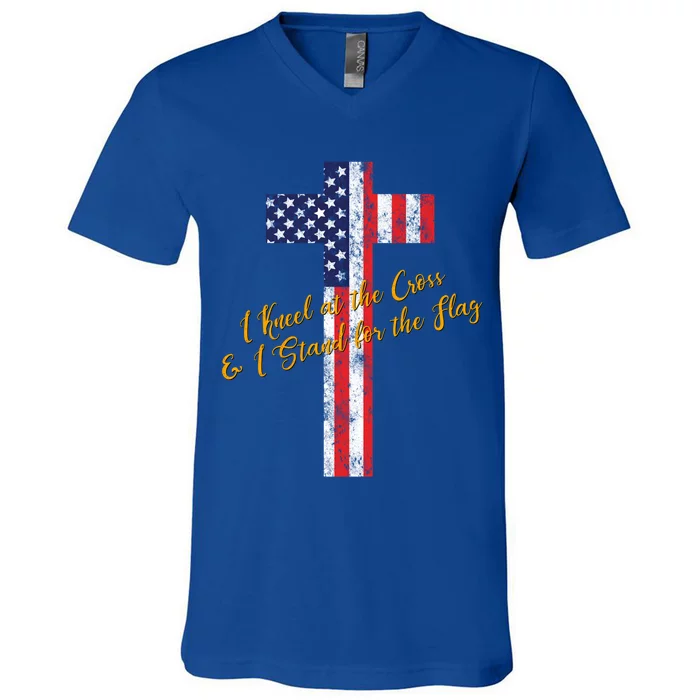 I Kneel At The Cross And Stand For The Flag Vintage Gift V-Neck T-Shirt