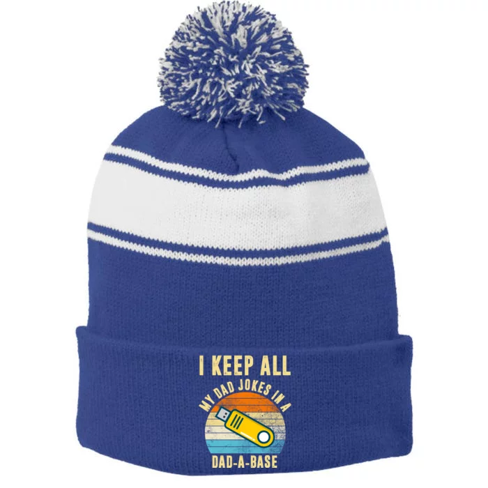 I Keep All My Dad Jokes In A Dad A Base Retro Sunset Stripe Pom Pom Beanie