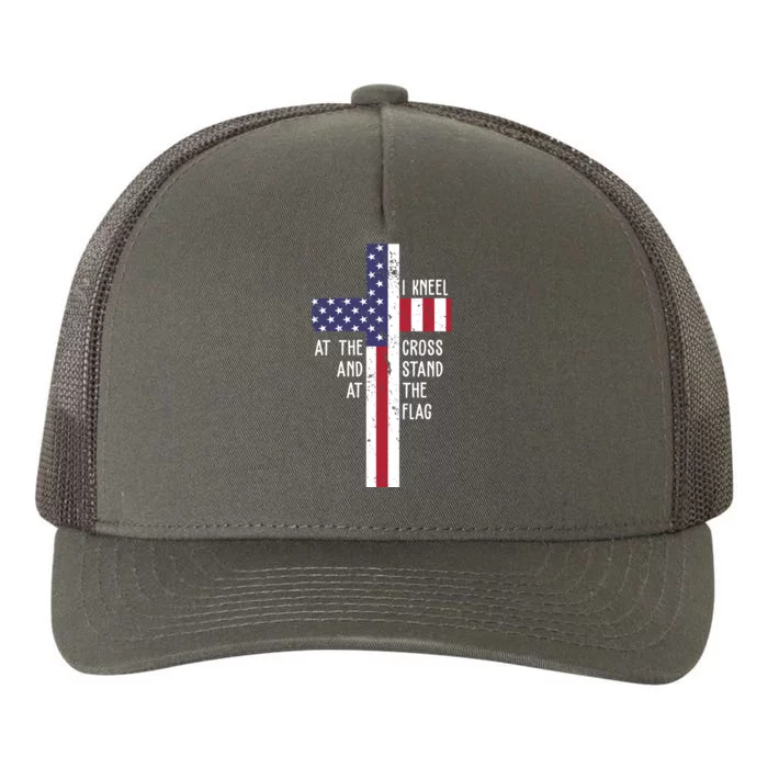 I Kneel At The Cross And Stand At The Flag USA Cross Yupoong Adult 5-Panel Trucker Hat