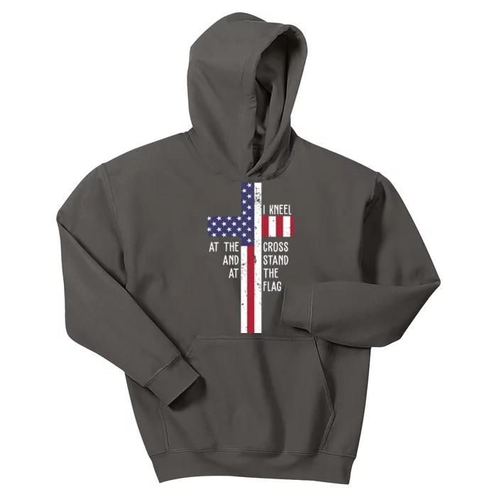 I Kneel At The Cross And Stand At The Flag USA Cross Kids Hoodie