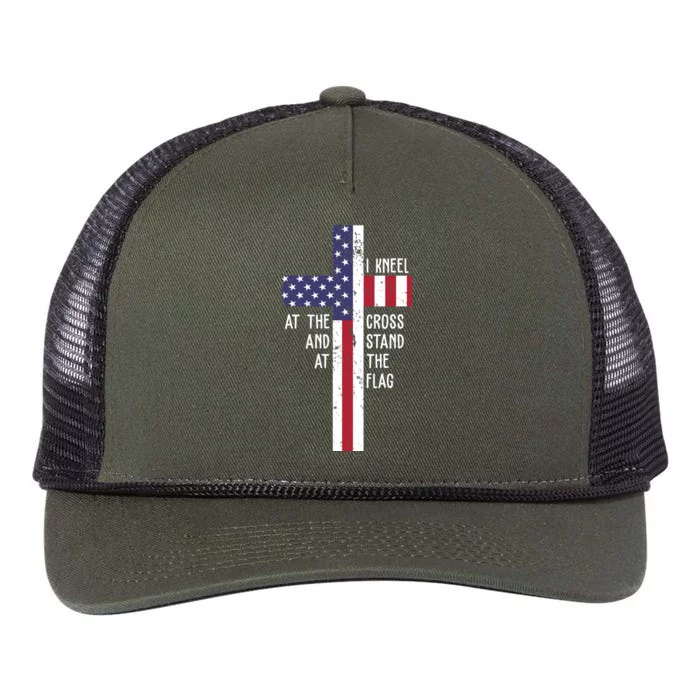 I Kneel At The Cross And Stand At The Flag USA Cross Retro Rope Trucker Hat Cap