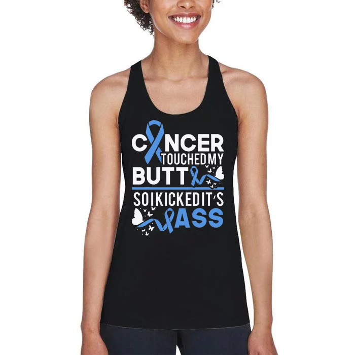 i kicked cancers butt Colon cancer awareness Women's Racerback Tank