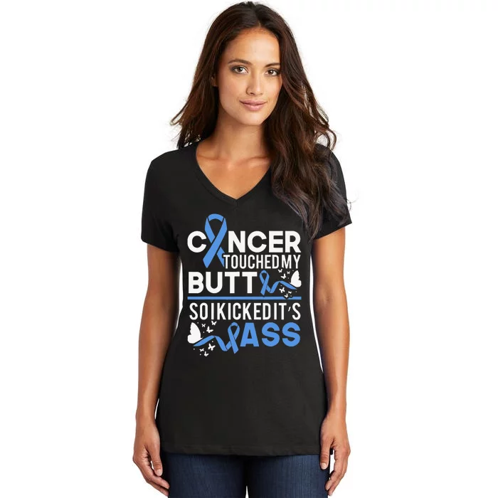 i kicked cancers butt Colon cancer awareness Women's V-Neck T-Shirt