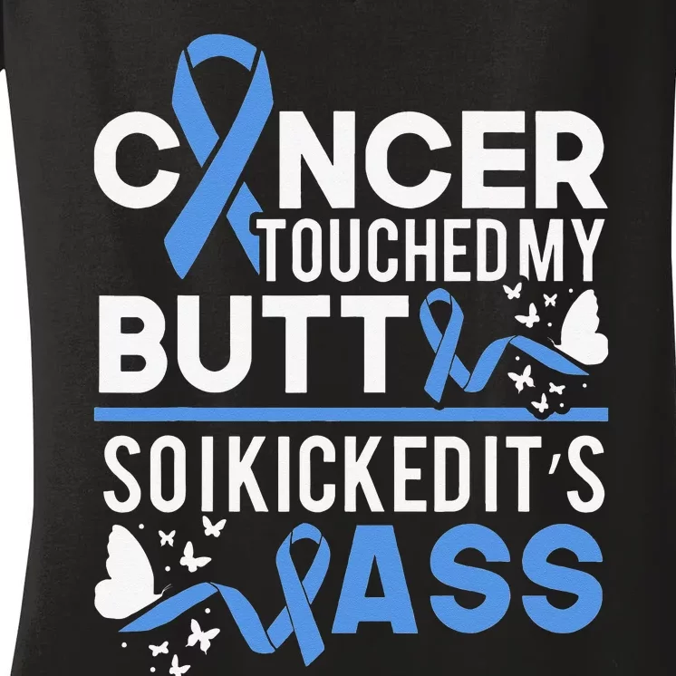 i kicked cancers butt Colon cancer awareness Women's V-Neck T-Shirt