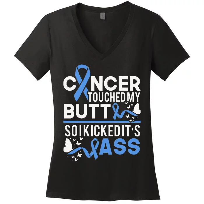 i kicked cancers butt Colon cancer awareness Women's V-Neck T-Shirt