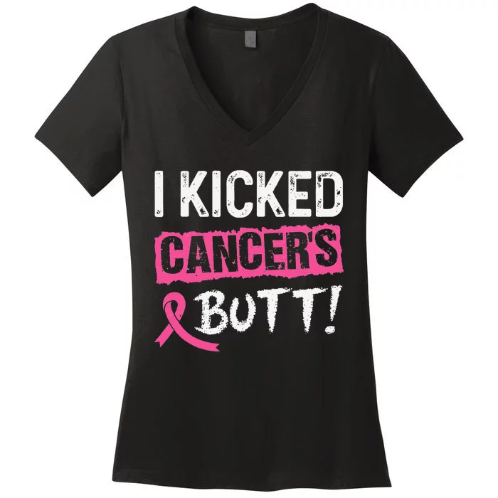 I Kicked Cancer's Butt Pink Ribbon Breast Cancer Awareness Women's V-Neck T-Shirt