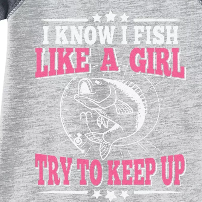 I Know I Fish Like A Girl Try To Keep Up Funny Fishing Infant Baby Jersey Bodysuit