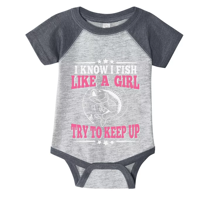 I Know I Fish Like A Girl Try To Keep Up Funny Fishing Infant Baby Jersey Bodysuit