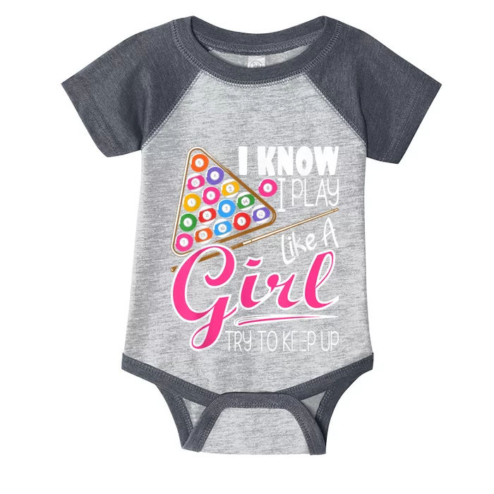 I Know I Play Like A Girl Funny 8Ball Pool Billiard Player Infant Baby Jersey Bodysuit