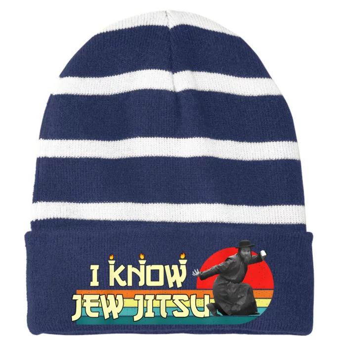 I Know Jew Jitsu Funny Vintage Retro Martial Arts Striped Beanie with Solid Band