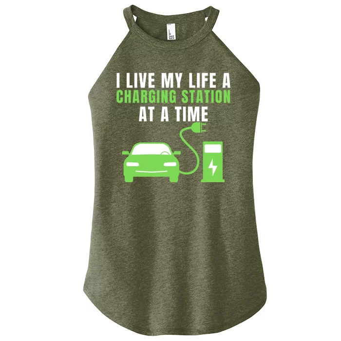 I Live A Charging Station At A Time Funny Electric Car EV Life Drive Electric Women’s Perfect Tri Rocker Tank