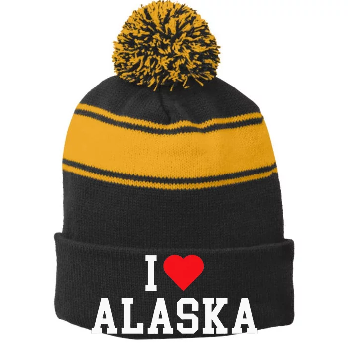 I Love Alaska Throwback Design Classic Stripe Pom Pom Beanie