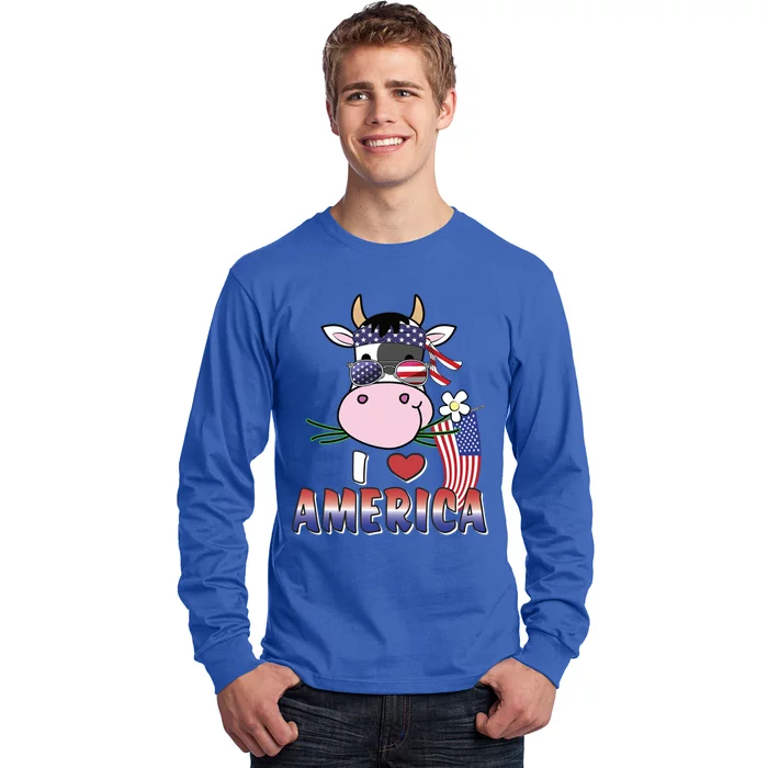 I Love America 4th Of July Usa Patriotic Cow Lover Gift Long Sleeve Shirt