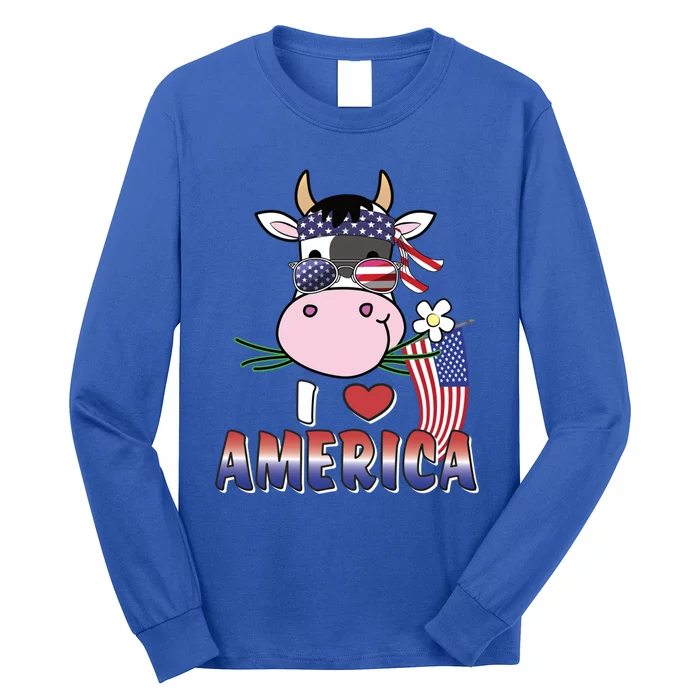 I Love America 4th Of July Usa Patriotic Cow Lover Gift Long Sleeve Shirt