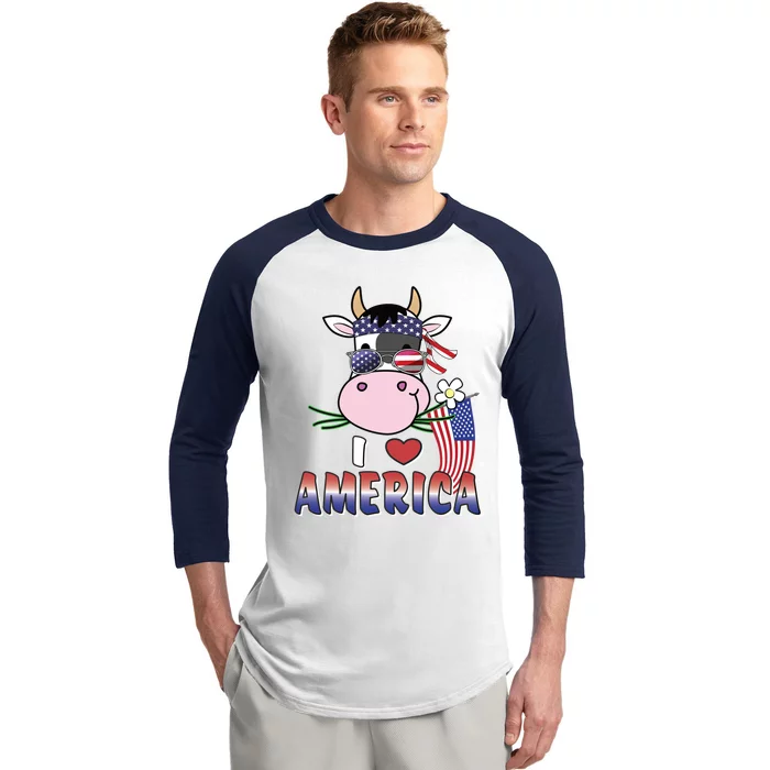 I Love America 4th Of July Usa Patriotic Cow Lover Gift Baseball Sleeve Shirt