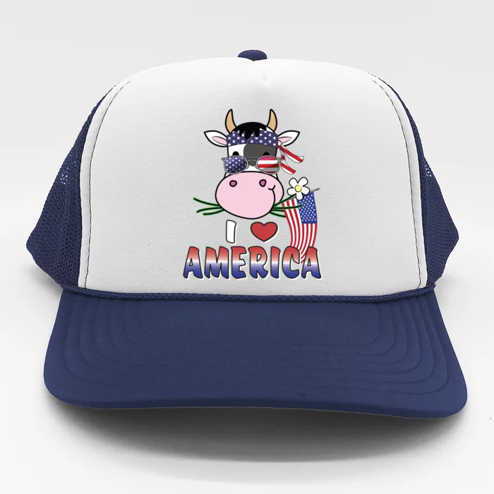 I Love America 4th Of July Usa Patriotic Cow Lover Gift Trucker Hat