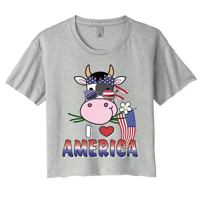 I Love America 4th Of July Usa Patriotic Cow Lover Gift Women's Crop Top Tee