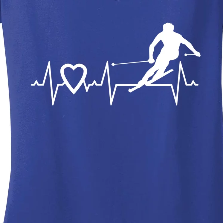 I Love Alpine Skiing Heartbeat Alpine Skier Downhill Ski Gift Women's V-Neck T-Shirt