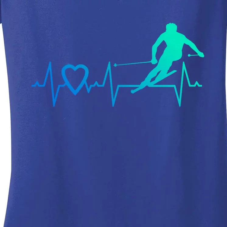 I Love Alpine Skiing Heartbeat Alpine Skier Downhill Ski Gift Women's V-Neck T-Shirt