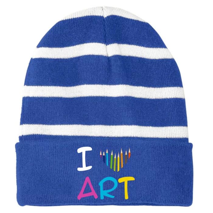 I Love Art Painting Drawing Artist Funny Teacher Gift Striped Beanie with Solid Band