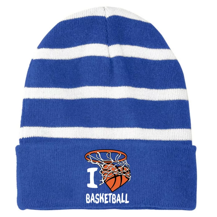 I Love Basketball Cool Gift And Basketball Hoop Gift Striped Beanie with Solid Band