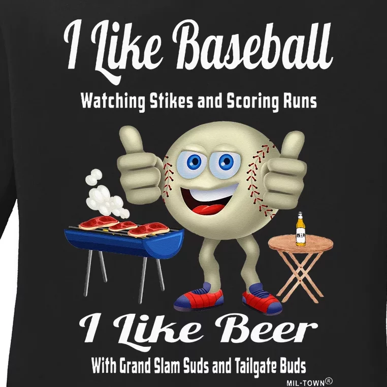 I Like Baseball and I Like Beer Baseball Thumbs Up Guy Ladies Long Sleeve Shirt