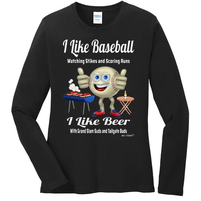 I Like Baseball and I Like Beer Baseball Thumbs Up Guy Ladies Long Sleeve Shirt