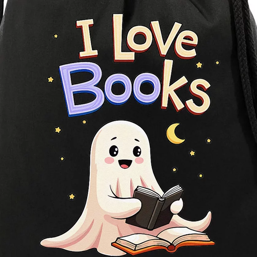 I Love Books Funny Halloween Cartoon Reading Ghost Drawstring Bag