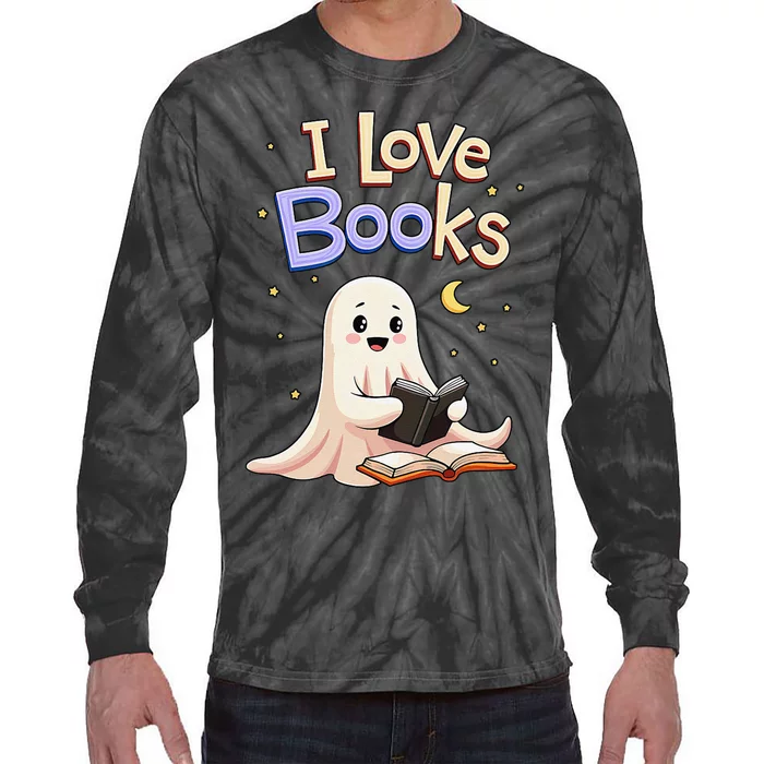 I Love Books Funny Halloween Cartoon Reading Ghost Tie-Dye Long Sleeve Shirt