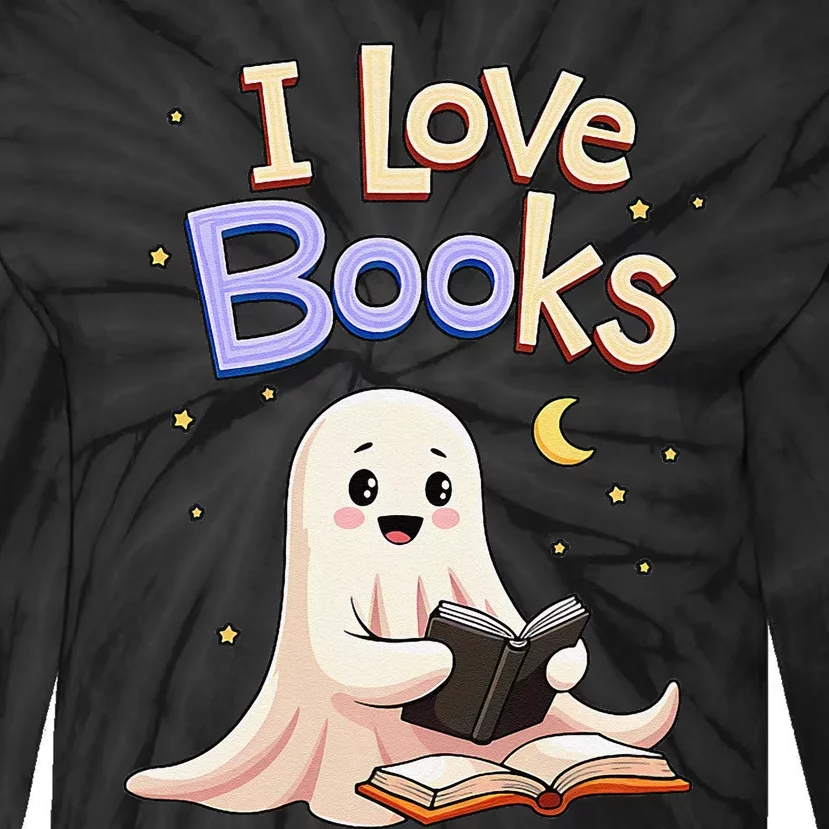 I Love Books Funny Halloween Cartoon Reading Ghost Tie-Dye Long Sleeve Shirt