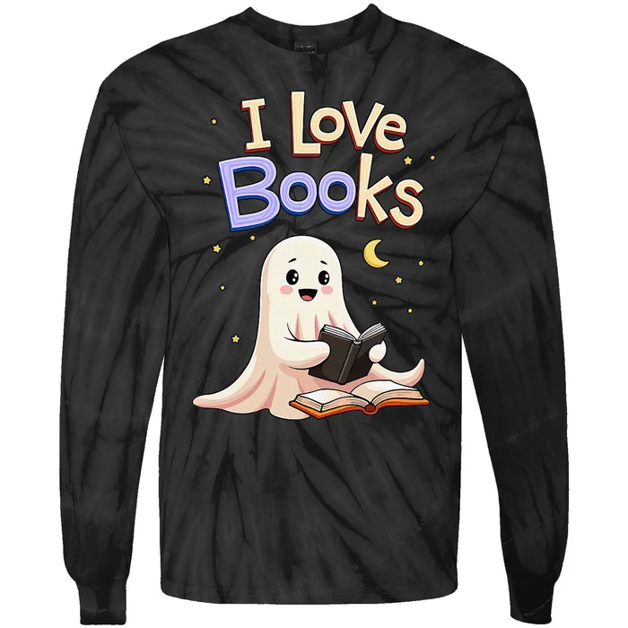 I Love Books Funny Halloween Cartoon Reading Ghost Tie-Dye Long Sleeve Shirt