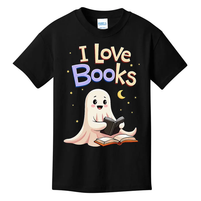 I Love Books Funny Halloween Cartoon Reading Ghost Kids T-Shirt