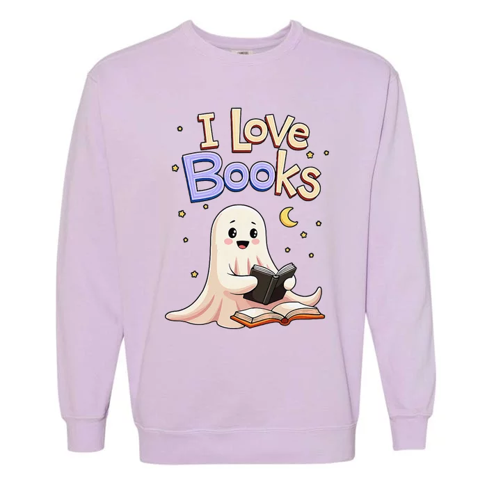 I Love Books Funny Halloween Cartoon Reading Ghost Garment-Dyed Sweatshirt