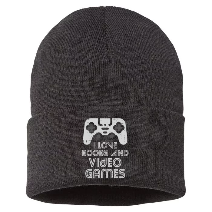 I Love Boobs And Video Games Funny Gaming Gamer Adult Men Sustainable Knit Beanie