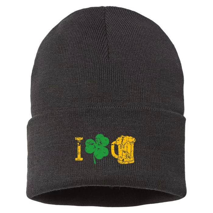 I Love Beer Four Leaf Clover St Patricks Day Sustainable Knit Beanie