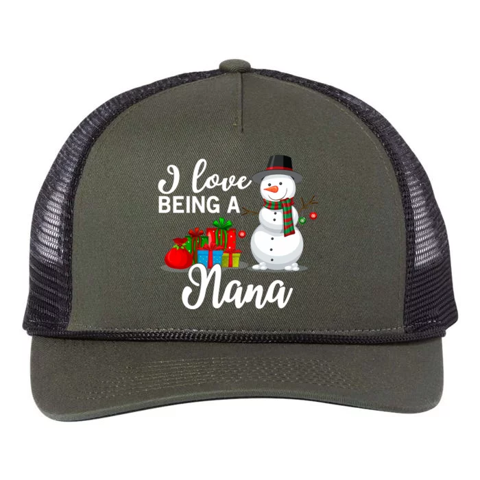 I Love Being A Nana Snowman Christmas Grandma Gift Retro Rope Trucker Hat Cap