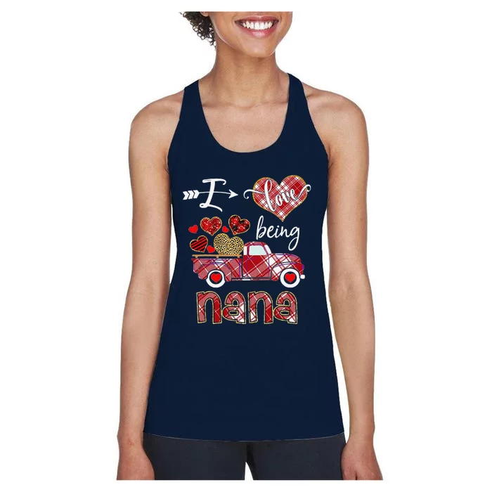 I Love Being Nana Red Plaid Truck Hearts Valentine's Day Women's Racerback Tank