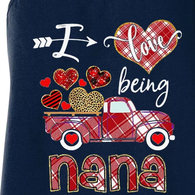 I Love Being Nana Red Plaid Truck Hearts Valentine's Day Women's Racerback Tank