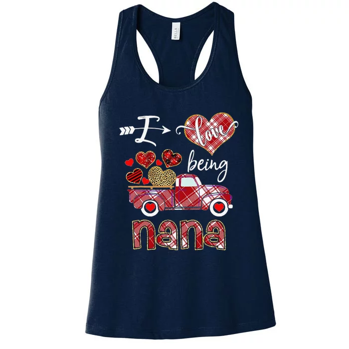 I Love Being Nana Red Plaid Truck Hearts Valentine's Day Women's Racerback Tank