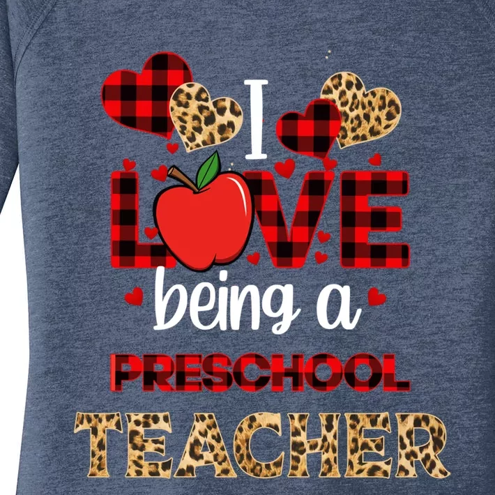 I Love Being A Preschool Teacher Leopard Valentine's Day Gift Women's Perfect Tri Tunic Long Sleeve Shirt